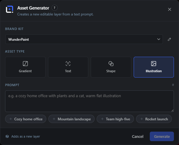 The asset Generator (AI) dialog
