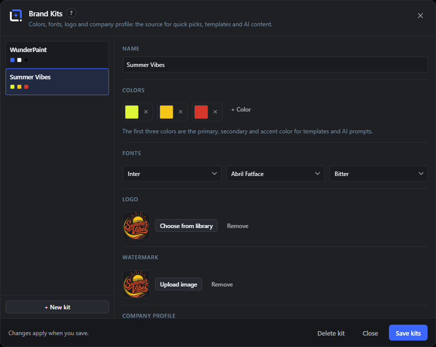 The brand Kits dialog