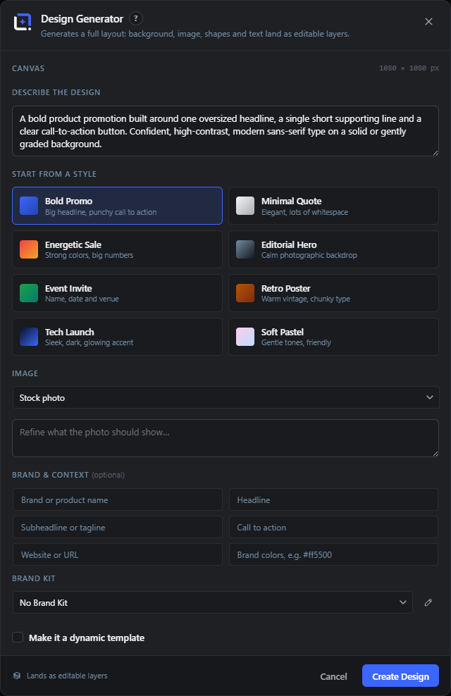 The design Generator dialog