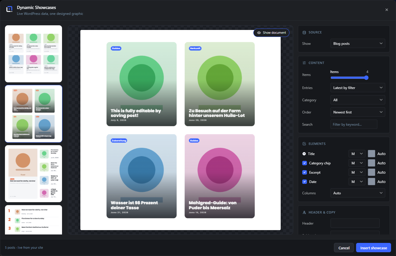 The dynamic Showcases dialog