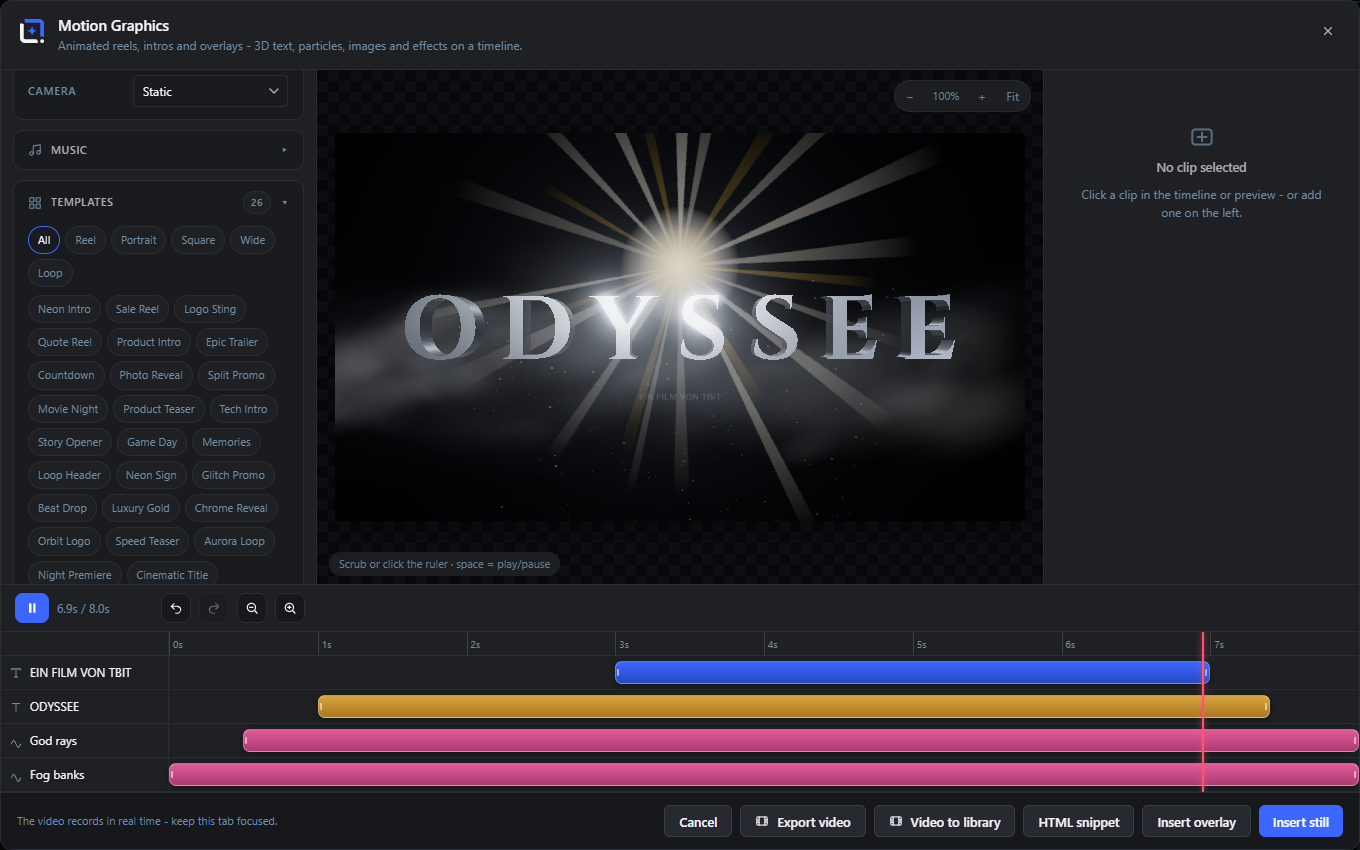 The studio overview and dialog
