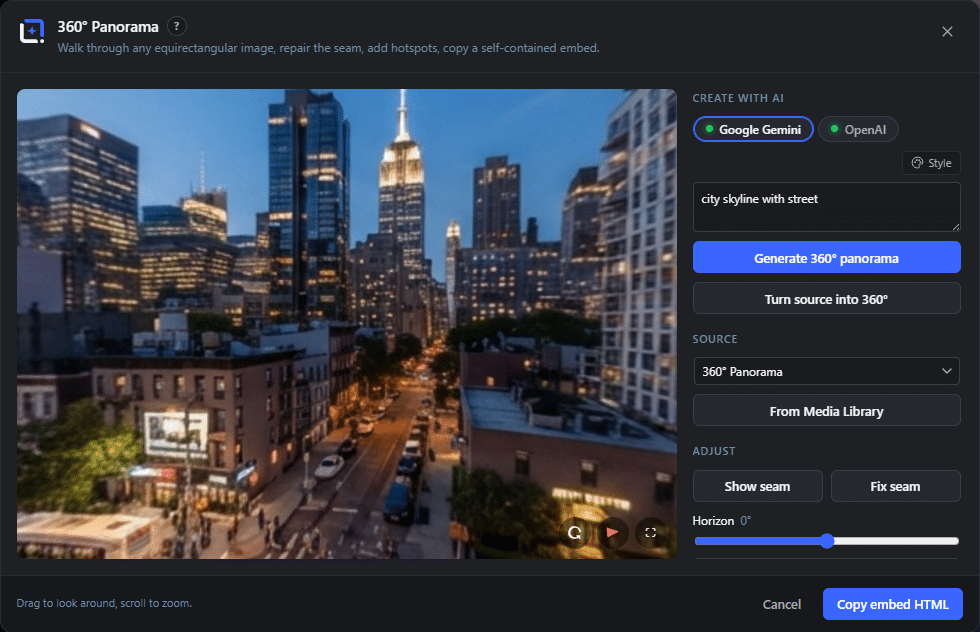 The 360° Panorama tool